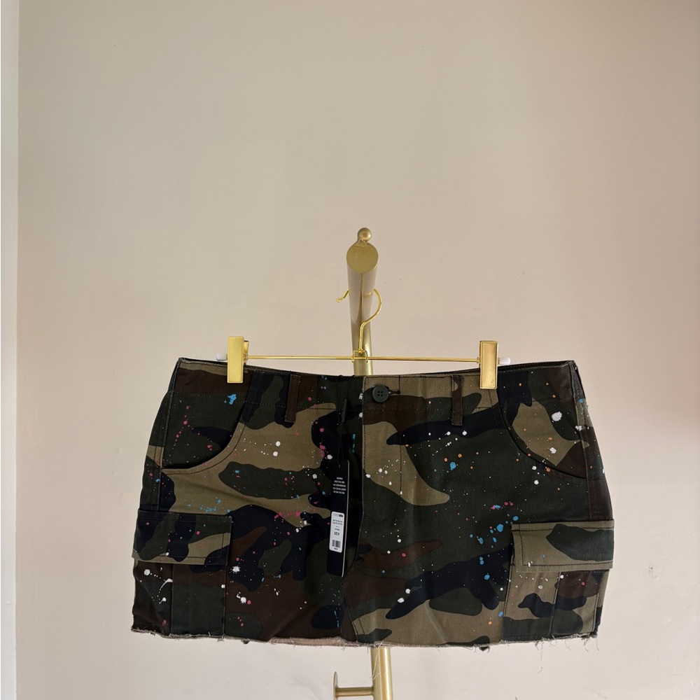 Fashion Nova Camo Mini Skirt with Pink, Blue & White Paint Splatter - Picture 2 of 6